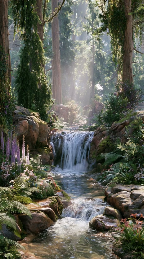 AI-generated forest waterfall environment